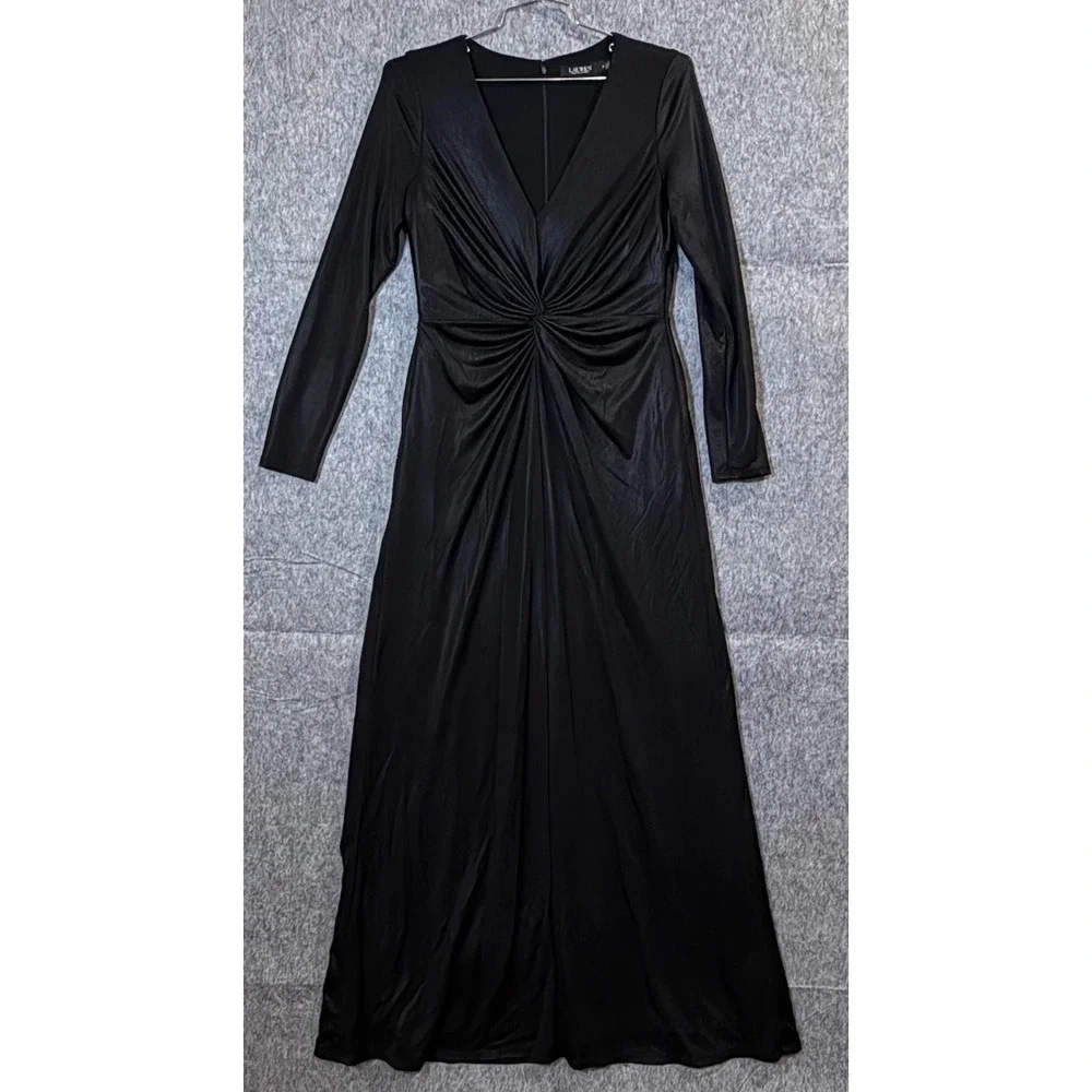 Lauren Ralph Lauren Womens 10 Black Long Sleeve Maxi Dress V Neck Twist